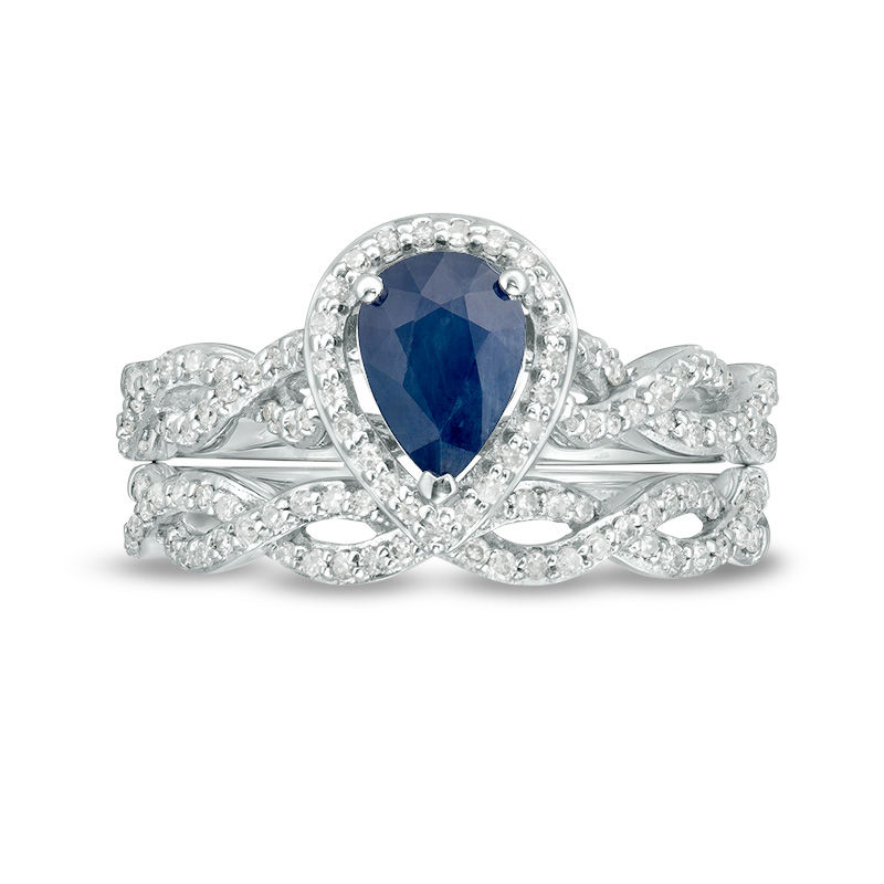 Main Image 4 of Pear-Shaped Blue Sapphire and 3/8 CT. T.W. Diamond Frame Twist Bridal Set in 14K White Gold