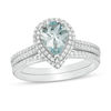 Thumbnail Image 0 of Pear-Shaped Aquamarine and 3/8 CT. T.W. Diamond Frame Double Row Bridal Set in 14K White Gold