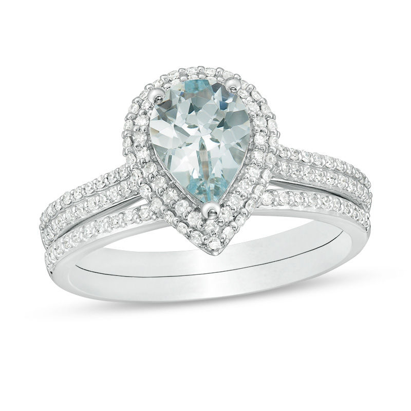 Pear-Shaped Aquamarine and 3/8 CT. T.W. Diamond Frame Double Row Bridal Set in 14K White Gold