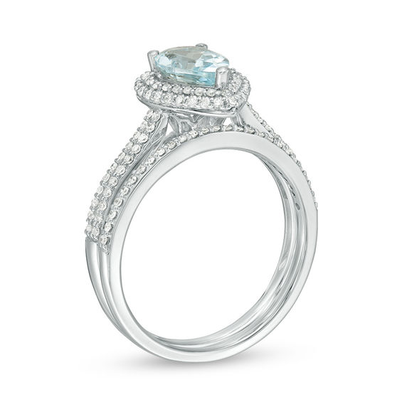 Pear-Shaped Aquamarine and 3/8 CT. T.w. Diamond Frame Double Row Bridal Set in 14K White Gold