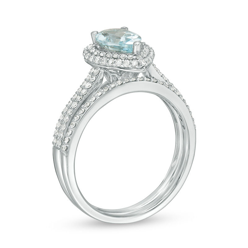 Pear-Shaped Aquamarine and 3/8 CT. T.W. Diamond Frame Double Row Bridal Set in 14K White Gold