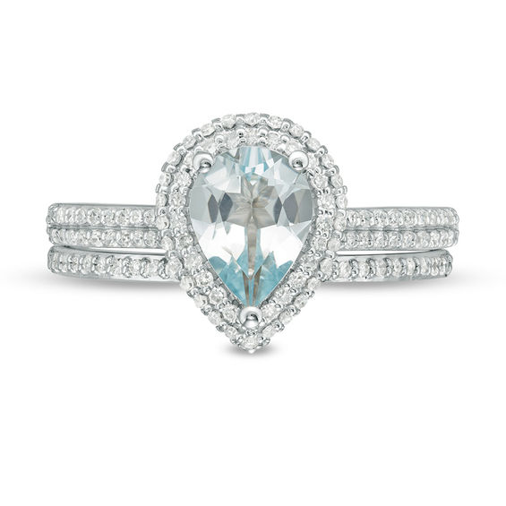 Pear-Shaped Aquamarine and 3/8 CT. T.w. Diamond Frame Double Row Bridal Set in 14K White Gold