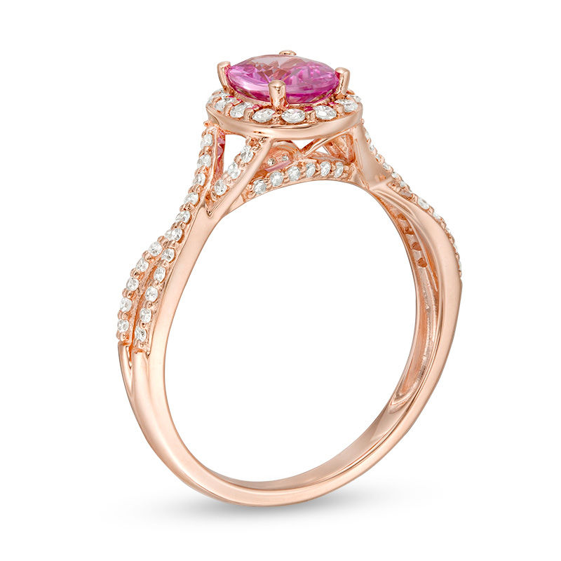 Main Image 3 of Oval Pink Sapphire and 1/3 CT. T.W. Diamond Frame Crossover Shank Ring in 14K Rose Gold