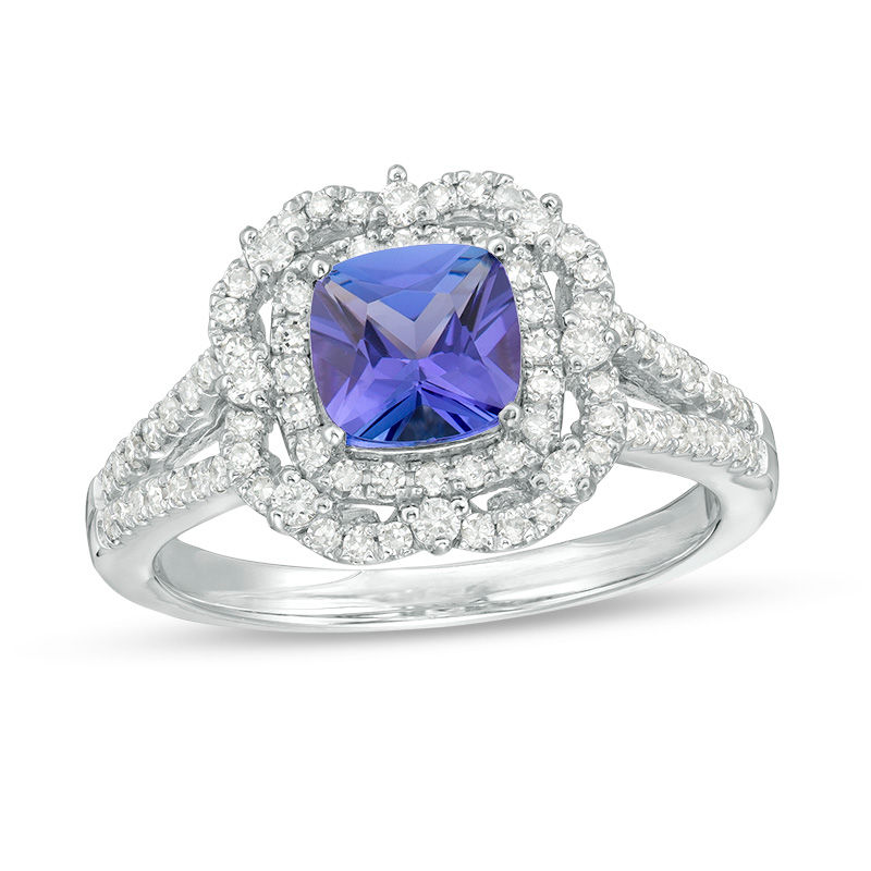 Main Image 1 of Cushion-Cut Tanzanite and 1/2 CT. T.W. Diamond Double Frame Split Shank Ring in 14K White Gold