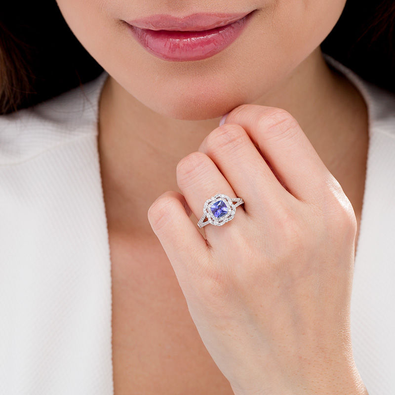 Main Image 2 of Cushion-Cut Tanzanite and 1/2 CT. T.W. Diamond Double Frame Split Shank Ring in 14K White Gold