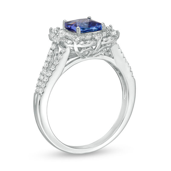 Cushion-Cut Tanzanite and 1/2 CT. T.w. Diamond Double Frame Split Shank Ring in 14K White Gold