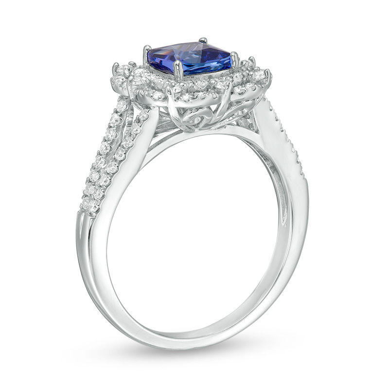 Main Image 3 of Cushion-Cut Tanzanite and 1/2 CT. T.W. Diamond Double Frame Split Shank Ring in 14K White Gold