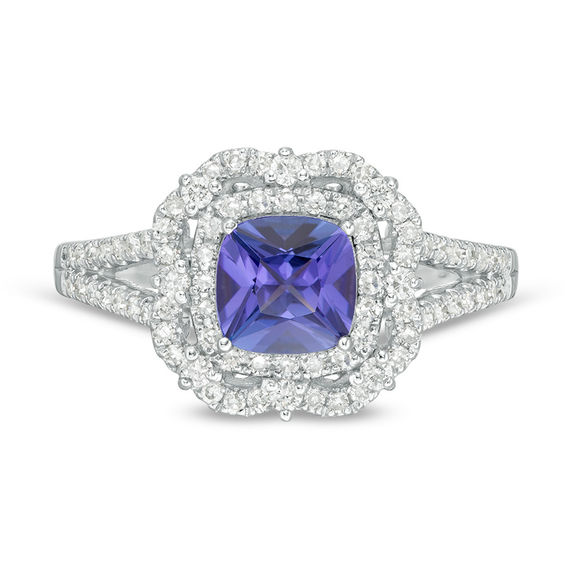 Cushion-Cut Tanzanite and 1/2 CT. T.w. Diamond Double Frame Split Shank Ring in 14K White Gold