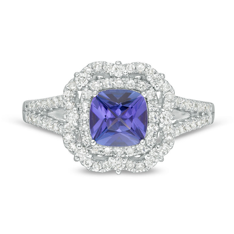 Main Image 4 of Cushion-Cut Tanzanite and 1/2 CT. T.W. Diamond Double Frame Split Shank Ring in 14K White Gold
