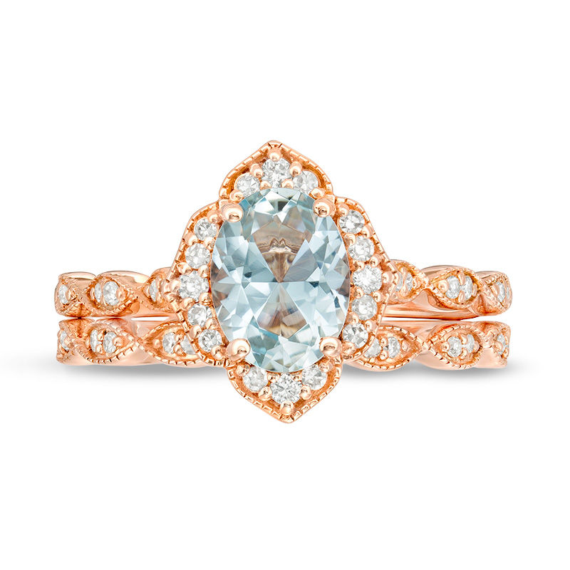 Main Image 4 of Oval Aquamarine and 1/3 CT. T.W. Diamond Petal Frame Vintage-Style Bridal Set in 14K Rose Gold