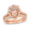 Thumbnail Image 0 of Pear-Shaped Morganite and 1/2 CT. T.W. Diamond Scallop Frame Bridal Set in 14K Rose Gold
