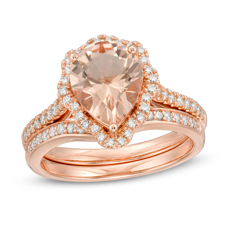 Main Image 1 of Pear-Shaped Morganite and 1/2 CT. T.W. Diamond Scallop Frame Bridal Set in 14K Rose Gold