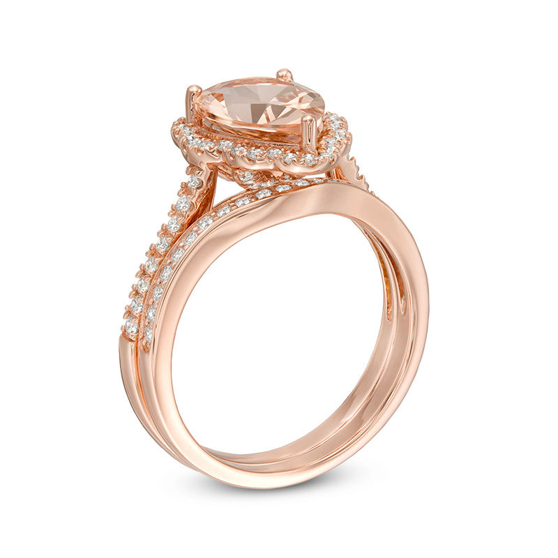 Main Image 3 of Pear-Shaped Morganite and 1/2 CT. T.W. Diamond Scallop Frame Bridal Set in 14K Rose Gold
