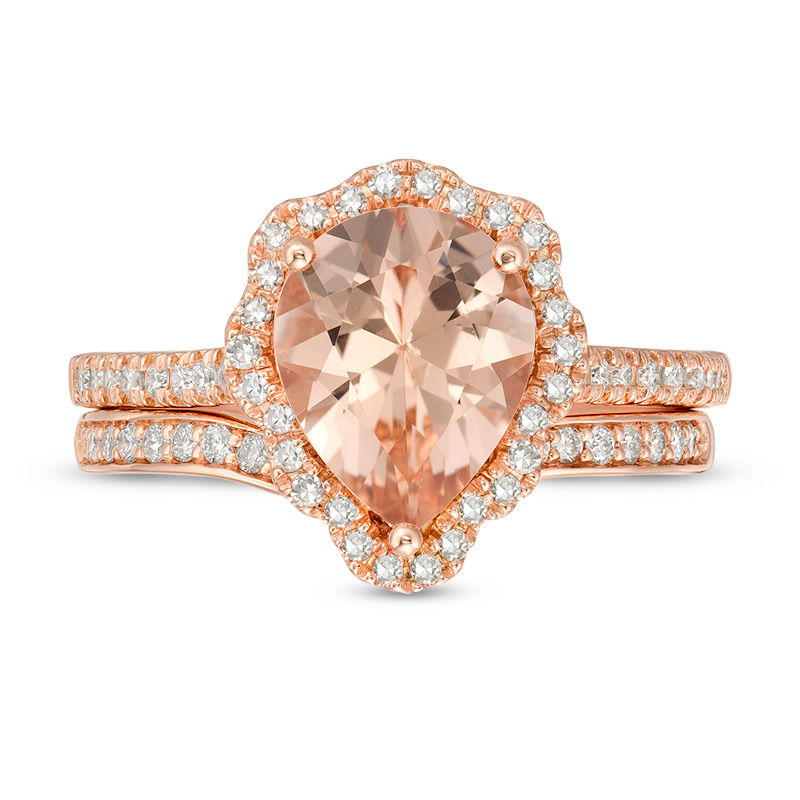Main Image 4 of Pear-Shaped Morganite and 1/2 CT. T.W. Diamond Scallop Frame Bridal Set in 14K Rose Gold