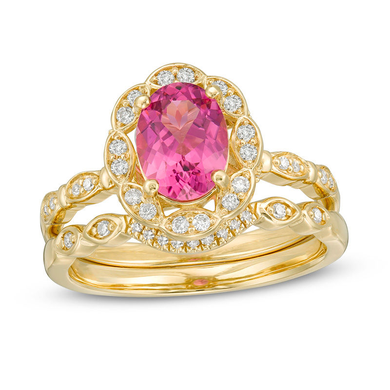Main Image 1 of Oval Pink Tourmaline and 1/4 CT. T.W. Diamond Petal Frame Floral Bridal Set in 14K Gold