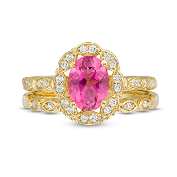 Oval Pink Tourmaline and 1/4 CT. T.w. Diamond Petal Frame Floral Bridal Set in 14K Gold
