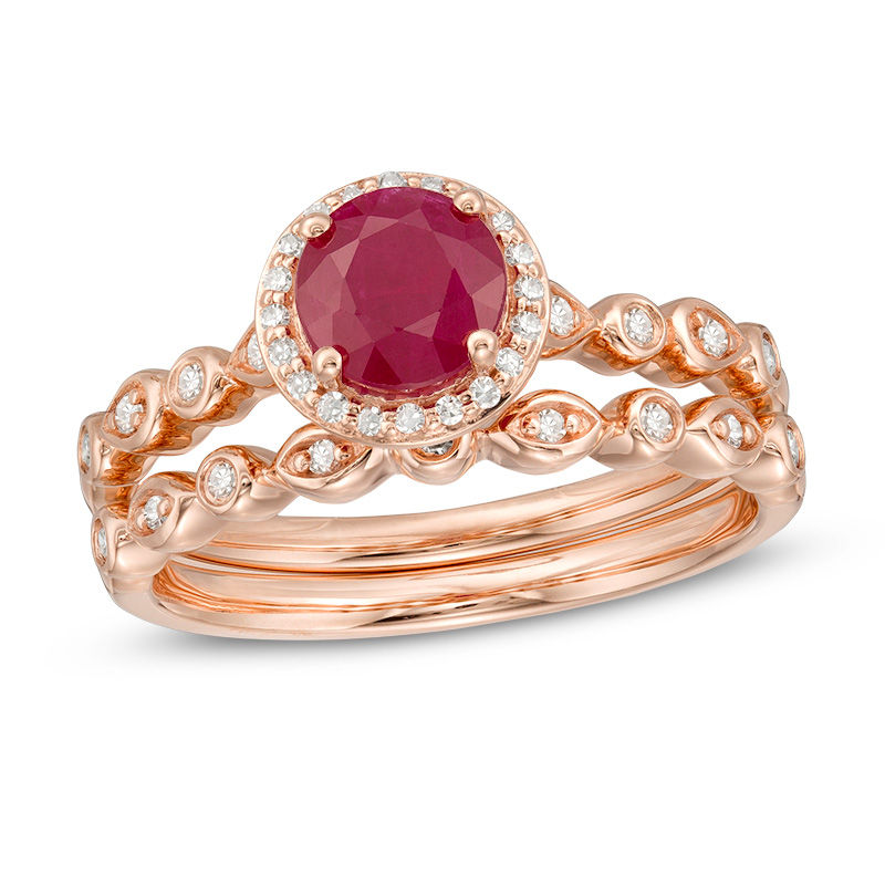 Main Image 1 of 6.0mm Ruby and 1/5 CT. T.W. Diamond Frame Geometric Shank Bridal Set in 14K Rose Gold