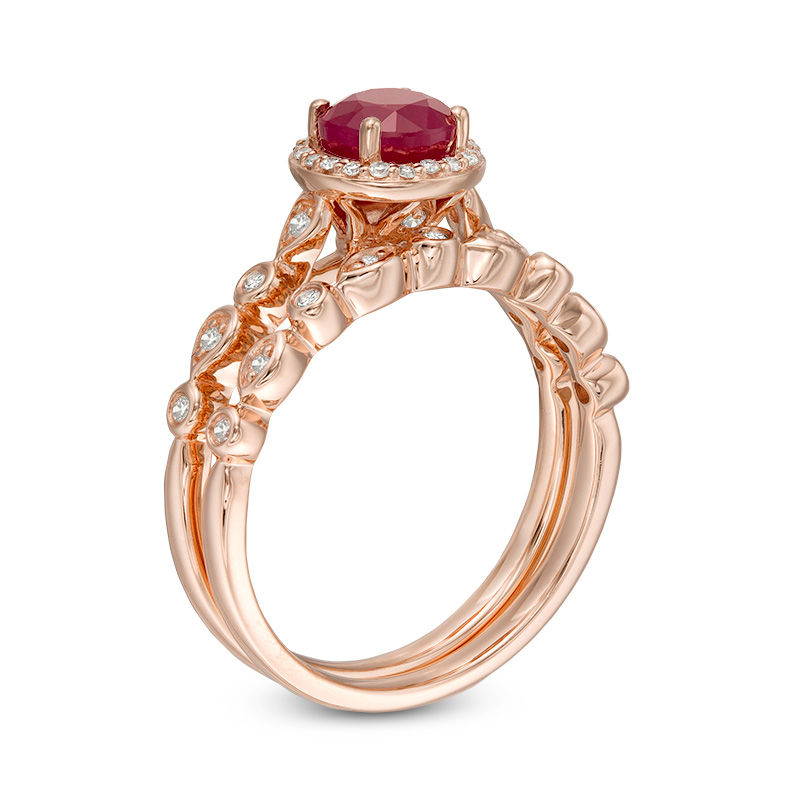 Main Image 3 of 6.0mm Ruby and 1/5 CT. T.W. Diamond Frame Geometric Shank Bridal Set in 14K Rose Gold