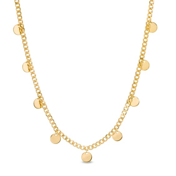 6.0mm Disc Dangle Station Curb Chain Choker Necklace in 14K Gold - 17" 6.0mm Disc Dangle Station Curb Chain Choker Necklace in 14K Gold - 17"