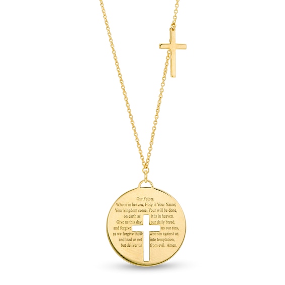 Lord's Prayer and Cut-Out Cross Disc Dangle Necklace in 14K Gold - 22"