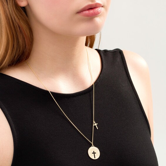 Lord's Prayer and Cut-Out Cross Disc Dangle Necklace in 14K Gold - 22"