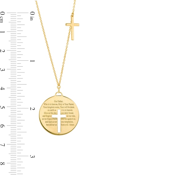 Lord's Prayer and Cut-Out Cross Disc Dangle Necklace in 14K Gold - 22"