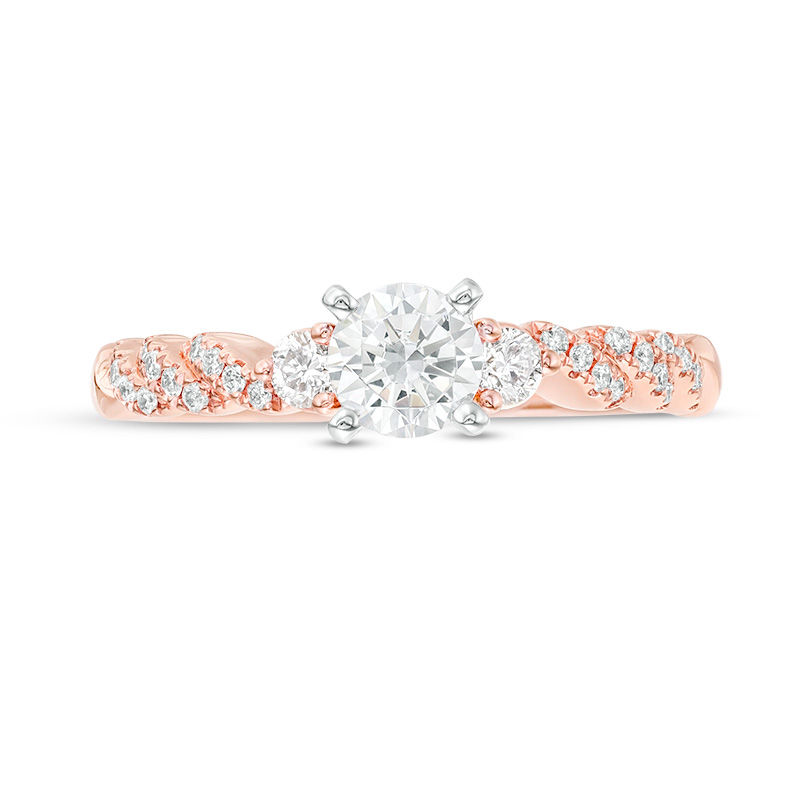 Main Image 3 of 3/4 CT. T.W. Diamond Three Stone Engagement Ring in 14K Rose Gold