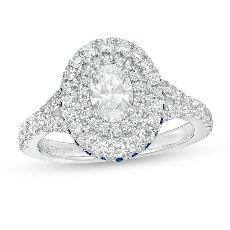 Main Image 1 of Vera Wang Love Collection 1-1/5 CT. T.W. Oval Diamond and Blue Sapphire Double Frame Engagement Ring in 14K White Gold