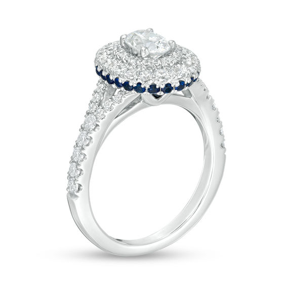 Vera Wang Love Collection 1-1/5 CT. T.w. Oval Diamond and Blue Sapphire Double Frame Engagement Ring in 14K White Gold