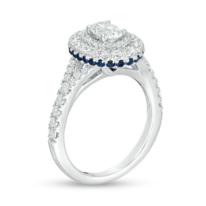 Vera Wang Love Collection 1-1/5 CT. T.W. Oval Diamond and Blue Sapphire Double Frame Engagement Ring in 14K White Gold