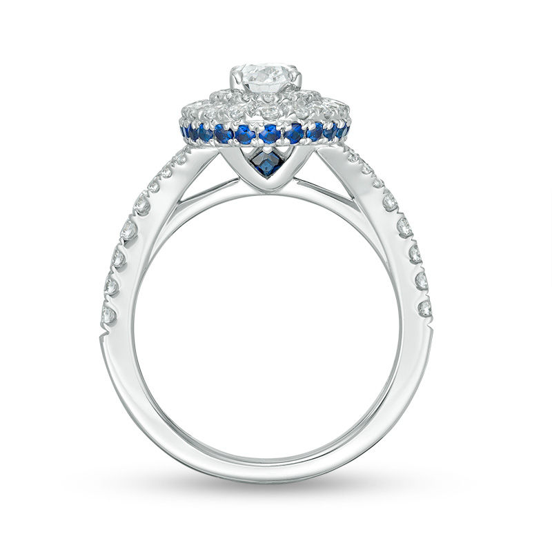 Main Image 3 of Vera Wang Love Collection 1-1/5 CT. T.W. Oval Diamond and Blue Sapphire Double Frame Engagement Ring in 14K White Gold