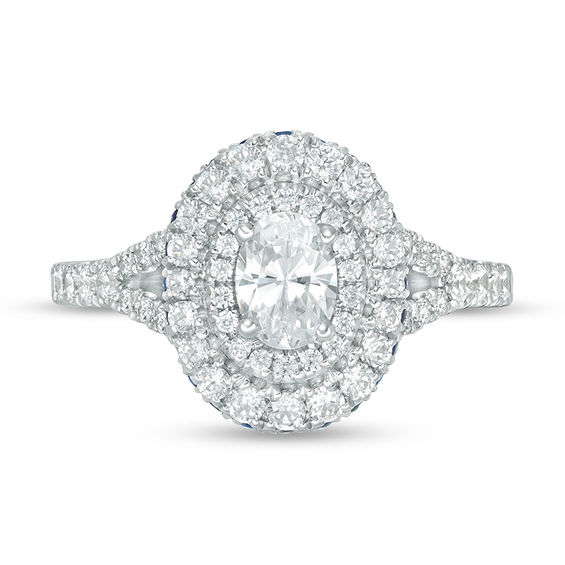 Vera Wang Love Collection 1-1/5 CT. T.w. Oval Diamond and Blue Sapphire Double Frame Engagement Ring in 14K White Gold