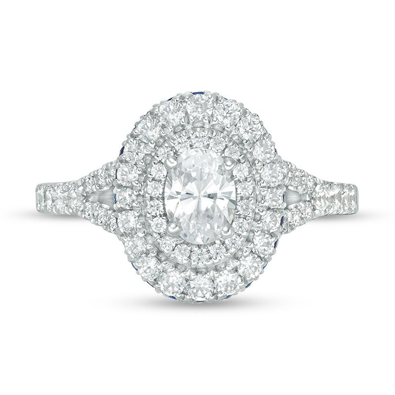 Main Image 4 of Vera Wang Love Collection 1-1/5 CT. T.W. Oval Diamond and Blue Sapphire Double Frame Engagement Ring in 14K White Gold