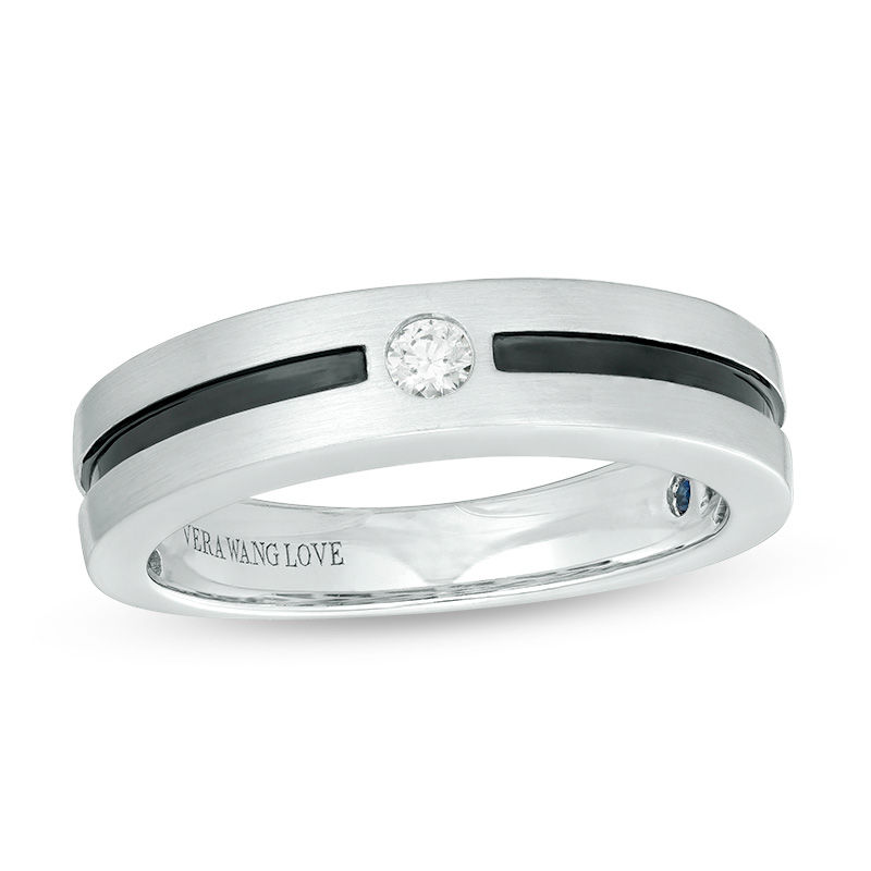 Vera Wang Love Collection Men's 0.065 CT. Diamond Solitaire Wedding Band in 14K White Gold with Black Rhodium