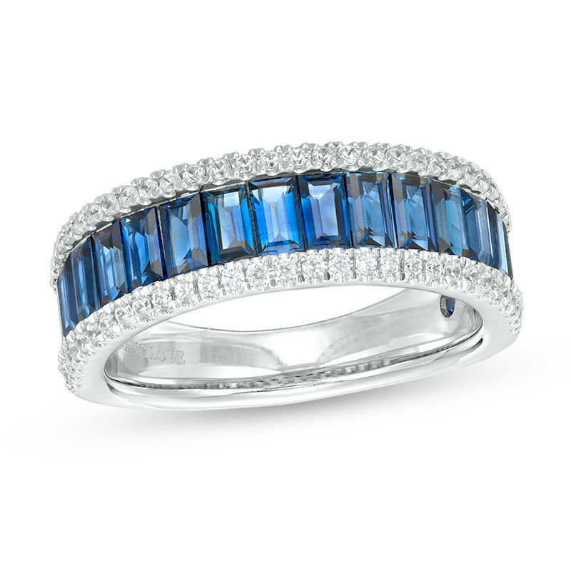 Main Image 1 of Vera Wang Love Collection 1/4 CT. T.W. Diamond and Baguette Blue Sapphire Multi-Row Wedding Band in 14K White Gold
