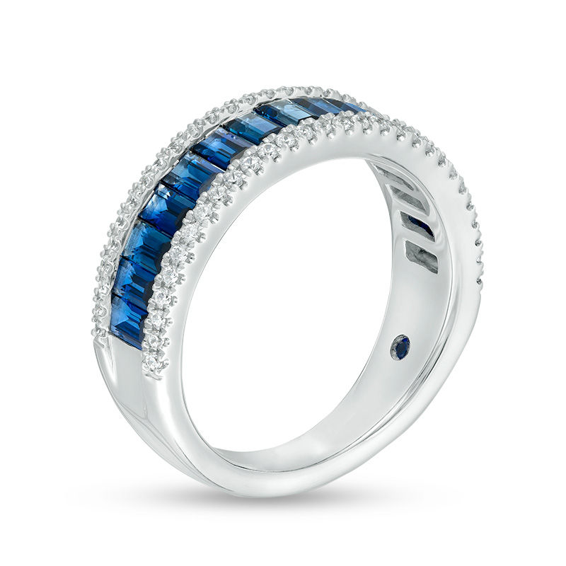 Main Image 2 of Vera Wang Love Collection 1/4 CT. T.W. Diamond and Baguette Blue Sapphire Multi-Row Wedding Band in 14K White Gold