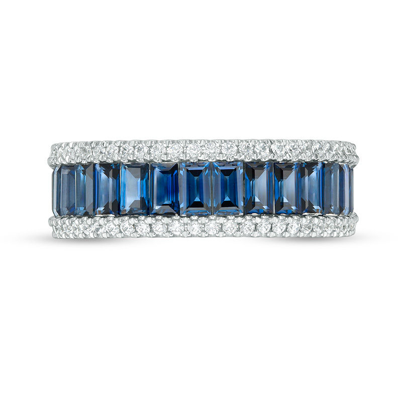 Main Image 3 of Vera Wang Love Collection 1/4 CT. T.W. Diamond and Baguette Blue Sapphire Multi-Row Wedding Band in 14K White Gold