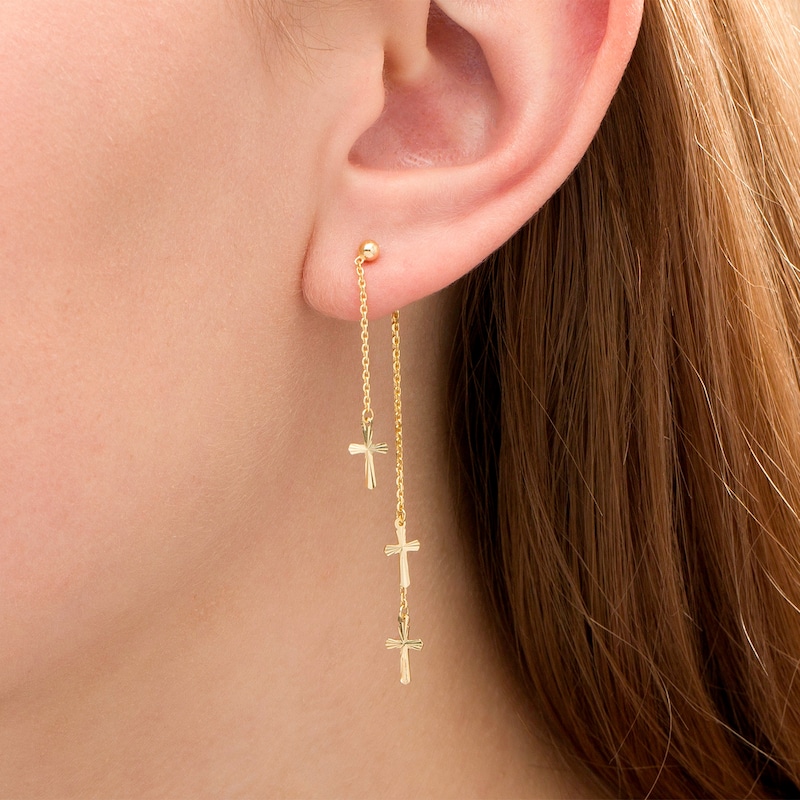 Main Image 2 of Diamond-Cut Triple Cross Chain Drop Front/Back Earrings in 14K Gold