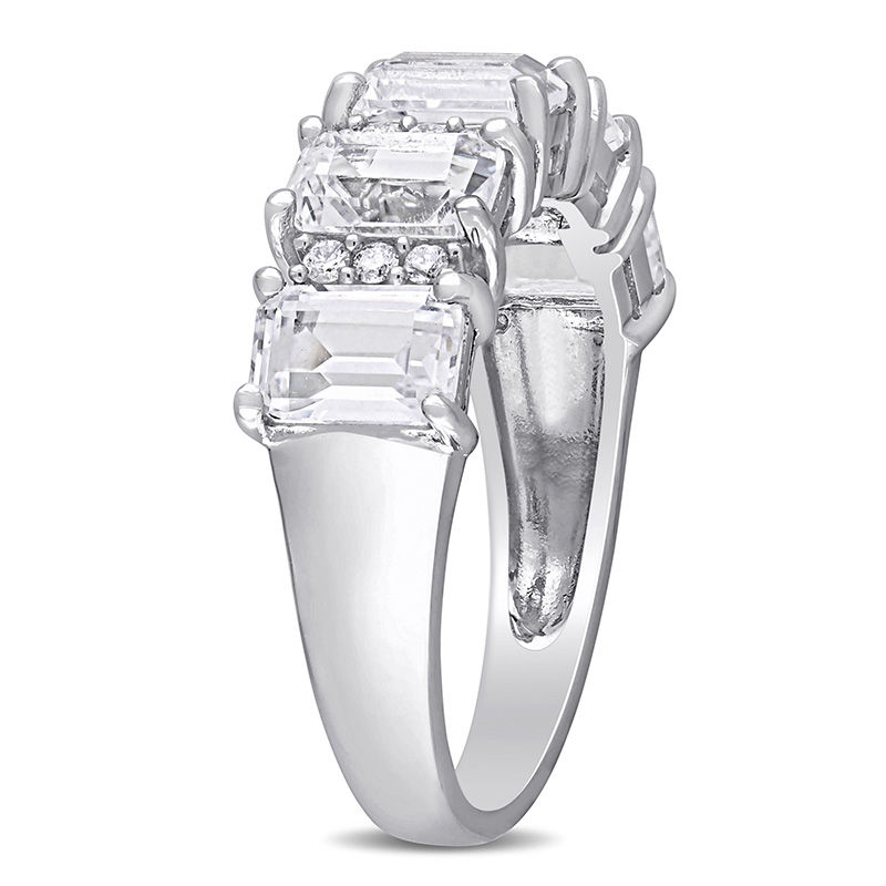 Emerald-Cut Lab-Created White Sapphire and 1/10 CT. T.W. Diamond Five Stone Ring in 10K White Gold