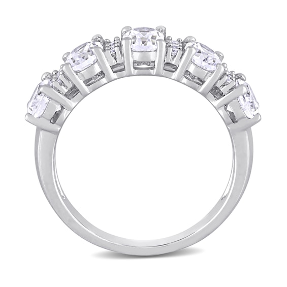 Oval Lab-Created White Sapphire and 1/10 CT. T.w. Diamond Five Stone Ring in 10K White Gold