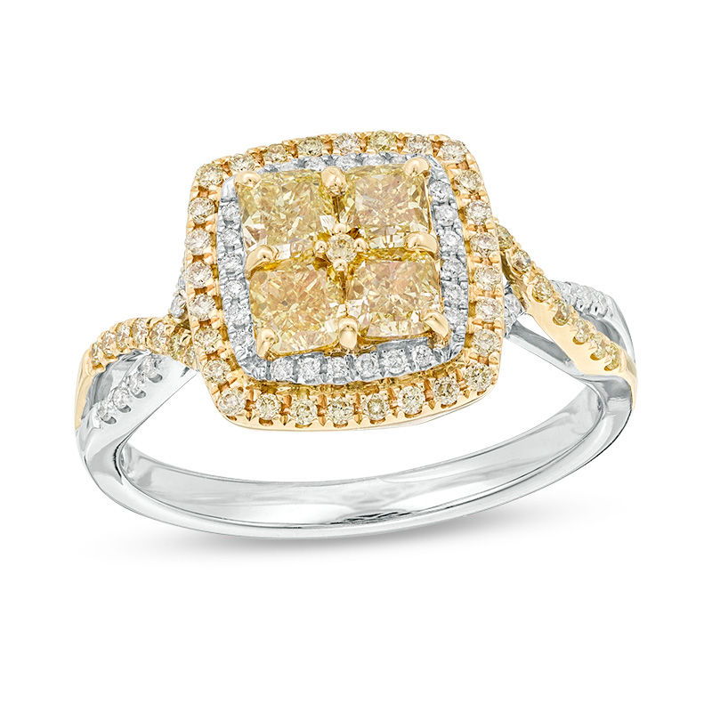 Main Image 1 of 1-1/4 CT. T.W. Certified Quad Yellow Cushion-Cut and White Diamond Frame Engagement Ring in 14K Two-Tone Gold (Fancy/SI2)