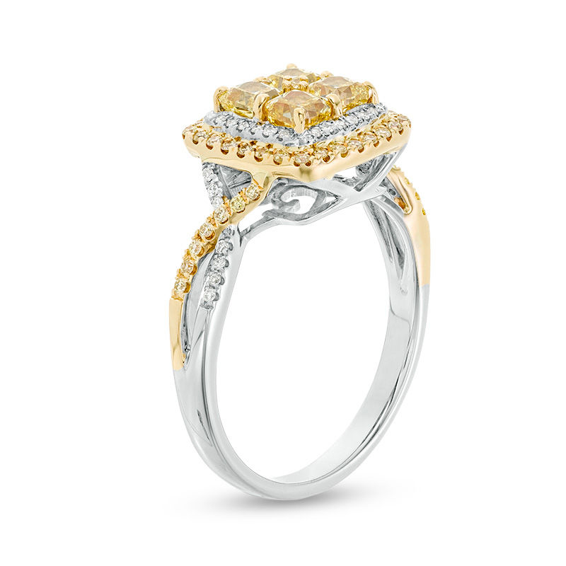Main Image 3 of 1-1/4 CT. T.W. Certified Quad Yellow Cushion-Cut and White Diamond Frame Engagement Ring in 14K Two-Tone Gold (Fancy/SI2)