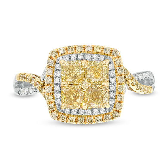 1-1/4 CT. T.w. Certified Quad Yellow Cushion-Cut and White Diamond Frame Engagement Ring in 14K Two-Tone Gold (Fancy/SI2)