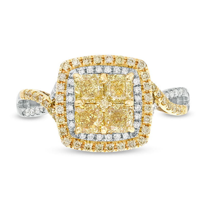 Main Image 4 of 1-1/4 CT. T.W. Certified Quad Yellow Cushion-Cut and White Diamond Frame Engagement Ring in 14K Two-Tone Gold (Fancy/SI2)