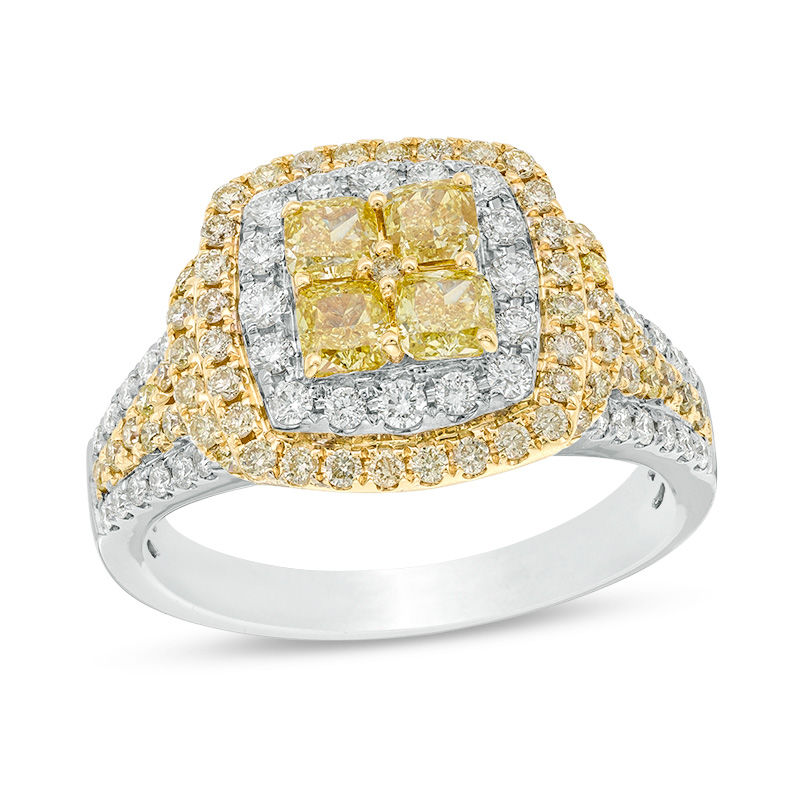 Main Image 1 of 1-5/8 CT. T.W. Certified Quad Yellow Cushion-Cut and White Diamond Engagement Ring in 14K Two-Tone Gold (Fancy/SI2)