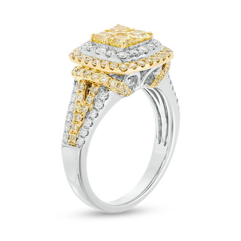 Main Image 3 of 1-5/8 CT. T.W. Certified Quad Yellow Cushion-Cut and White Diamond Engagement Ring in 14K Two-Tone Gold (Fancy/SI2)