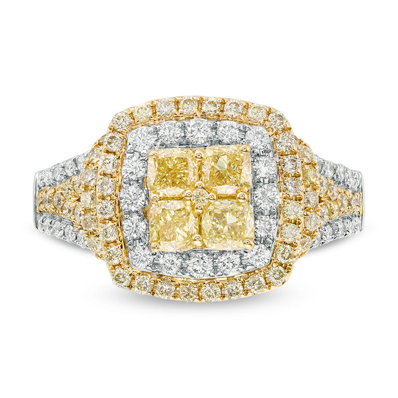 Main Image 4 of 1-5/8 CT. T.W. Certified Quad Yellow Cushion-Cut and White Diamond Engagement Ring in 14K Two-Tone Gold (Fancy/SI2)