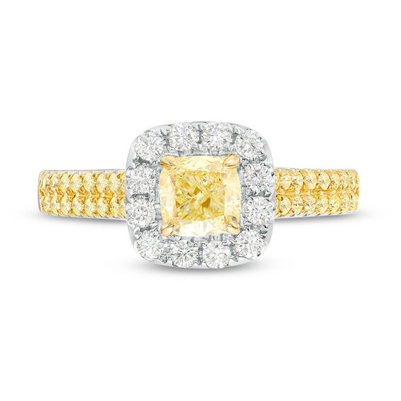 1 CT. T.w. Certified Yellow Cushion-Cut Diamond Frame Multi-Row Engagement Ring in 14K Two-Tone Gold (Fancy/SI2)