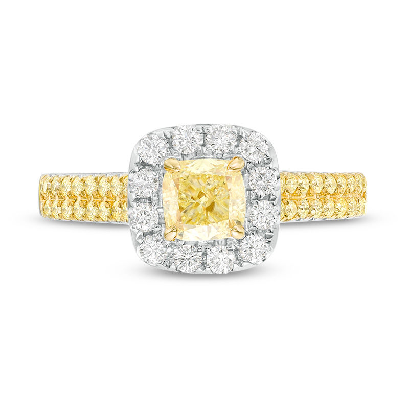 Main Image 3 of 1 CT. T.W. Certified Yellow Cushion-Cut Diamond Frame Multi-Row Engagement Ring in 14K Two-Tone Gold (Fancy/SI2)