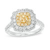 Thumbnail Image 0 of 1-3/8 CT. T.W. Certified Cushion-Cut Yellow Diamond Double Frame Engagement Ring in 14K Two-Tone Gold (Fancy/SI2)